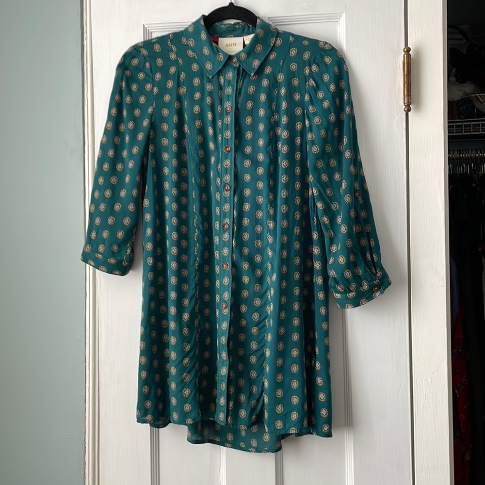 Anthropologie Maeve Teal boho print button up blouse XS